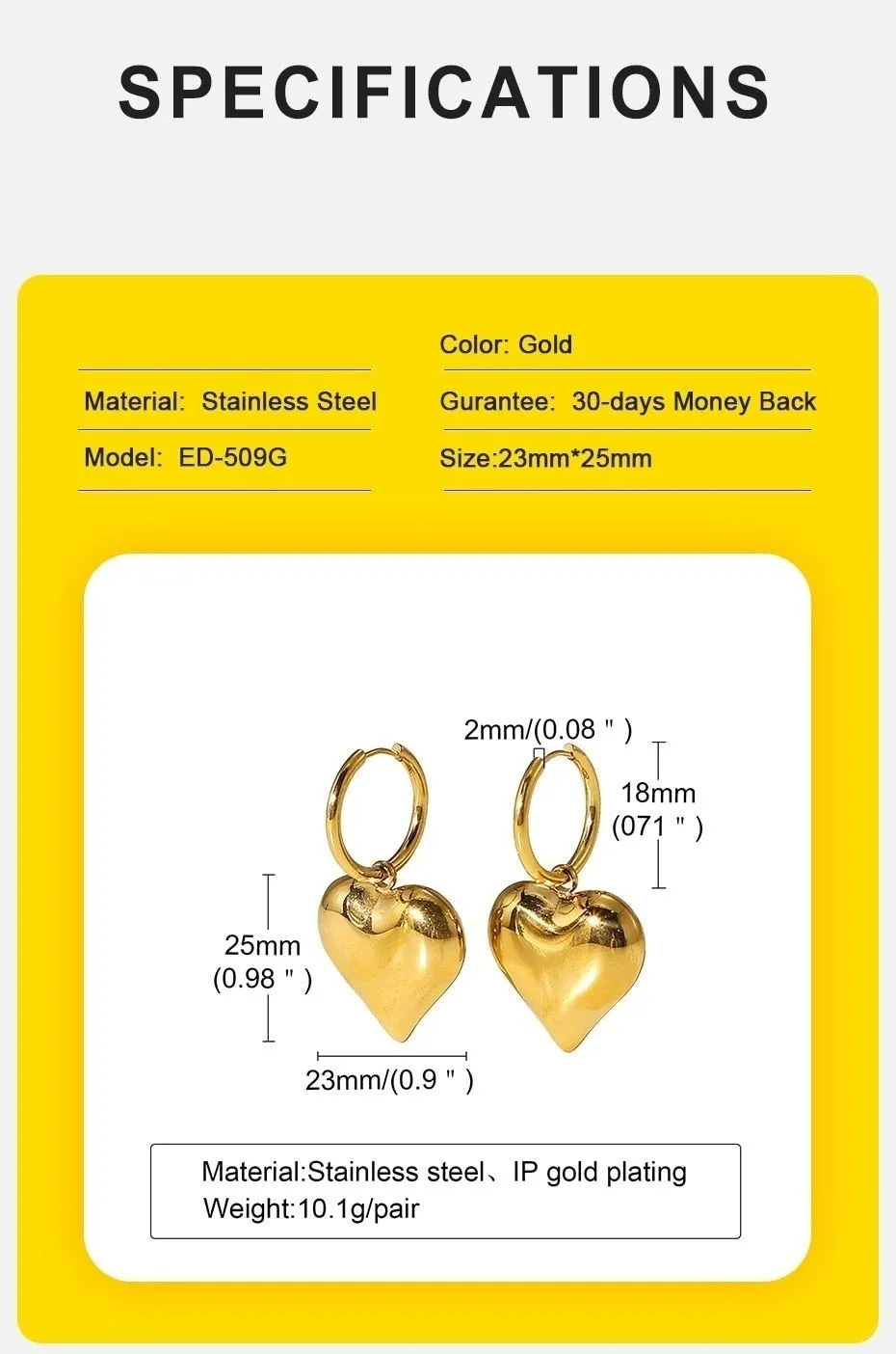 Anti Allergy Stainless Steel Heart Huggie Earrings for Women Fashion Gold Color Metal Hoop Ear