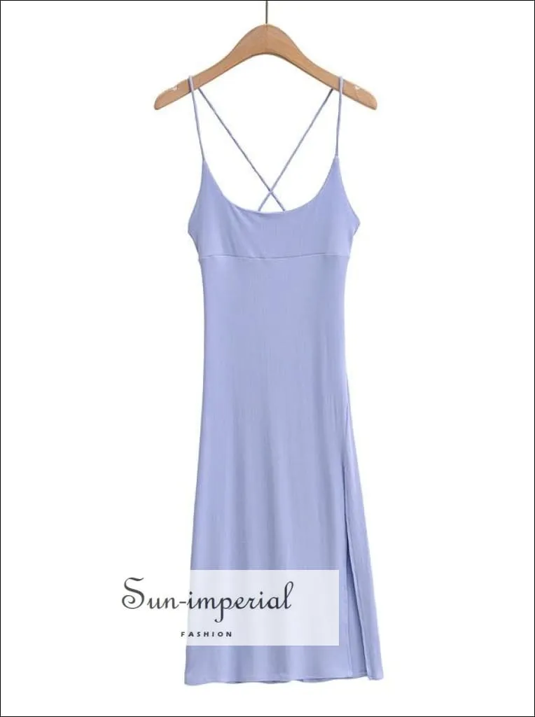 Blue Criss Cross back Ribbed Cami Strap Midi Dress with High front Split detail