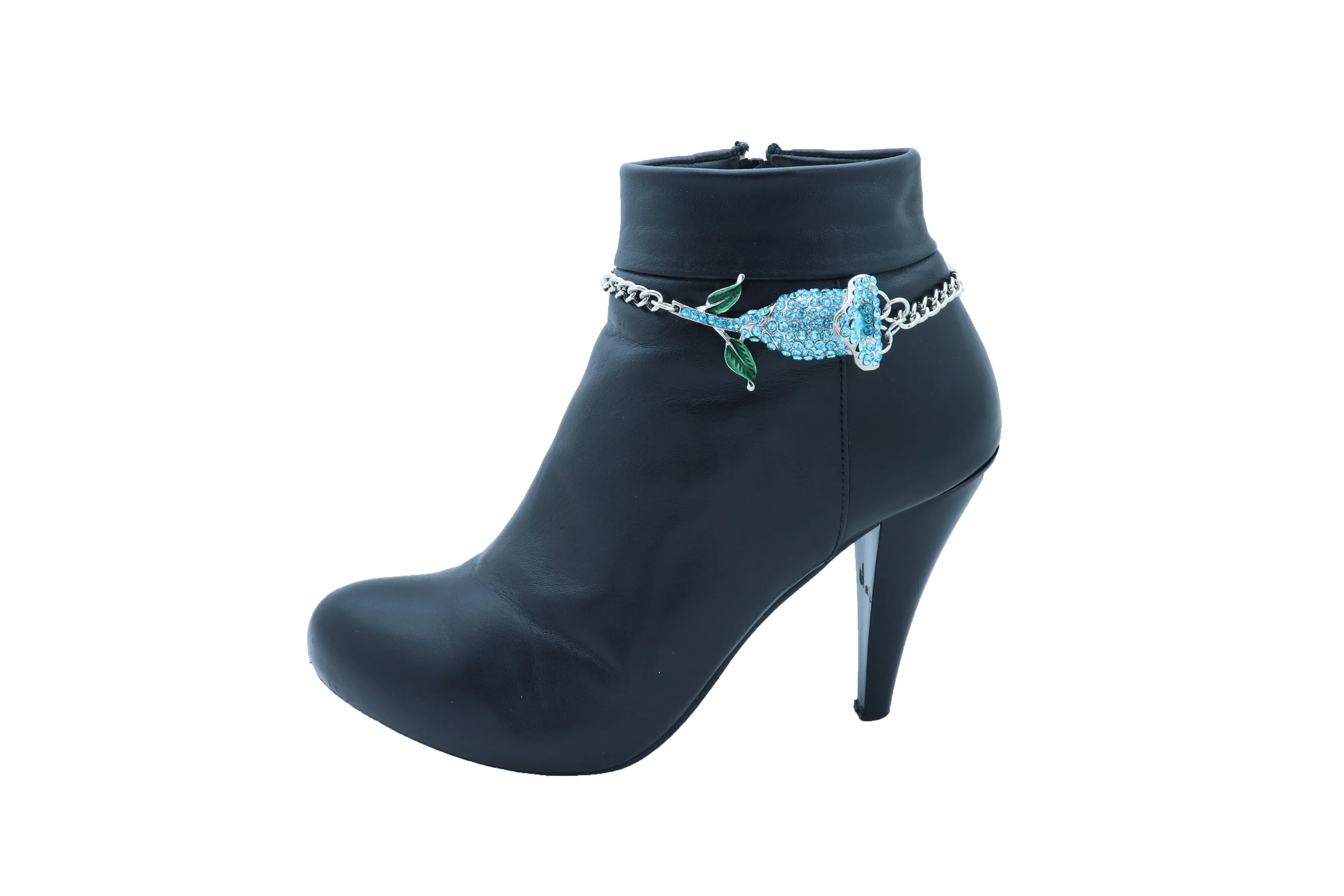 Blue Rhinestone Flower Silver Metal Boot Chain