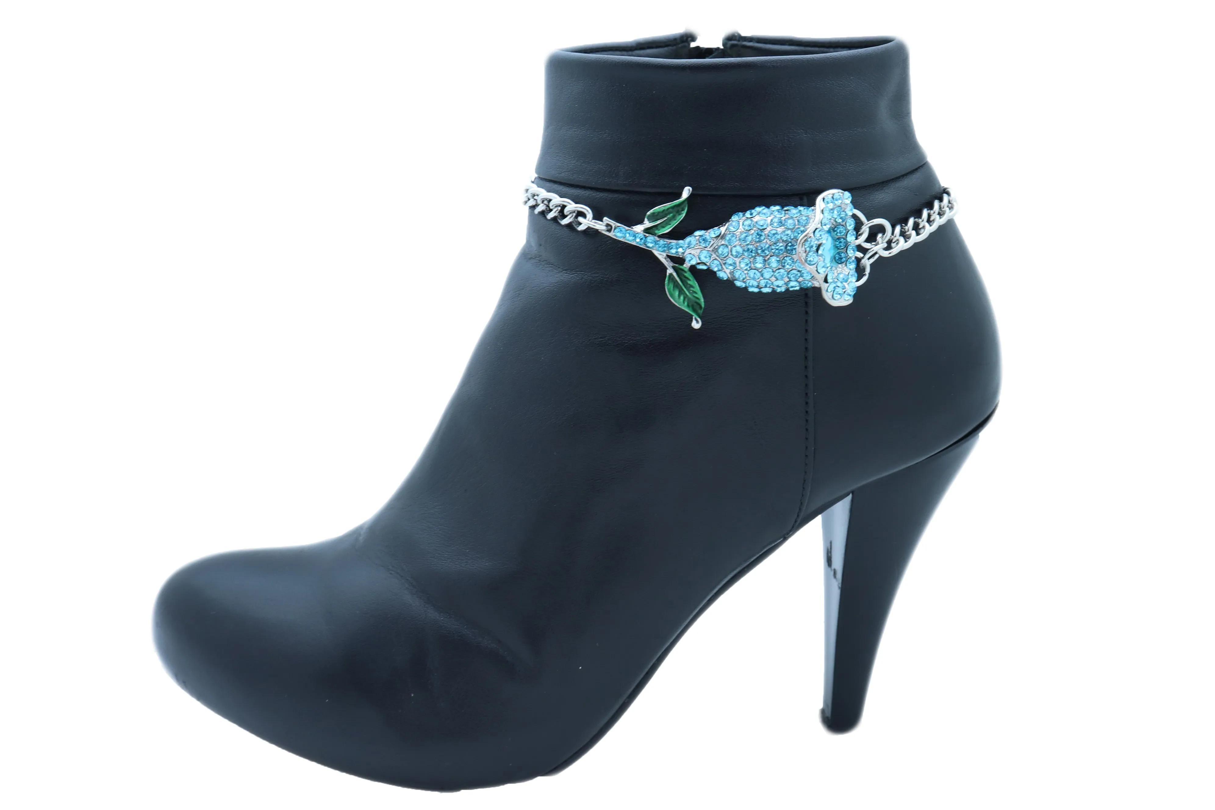 Blue Rhinestone Flower Silver Metal Boot Chain