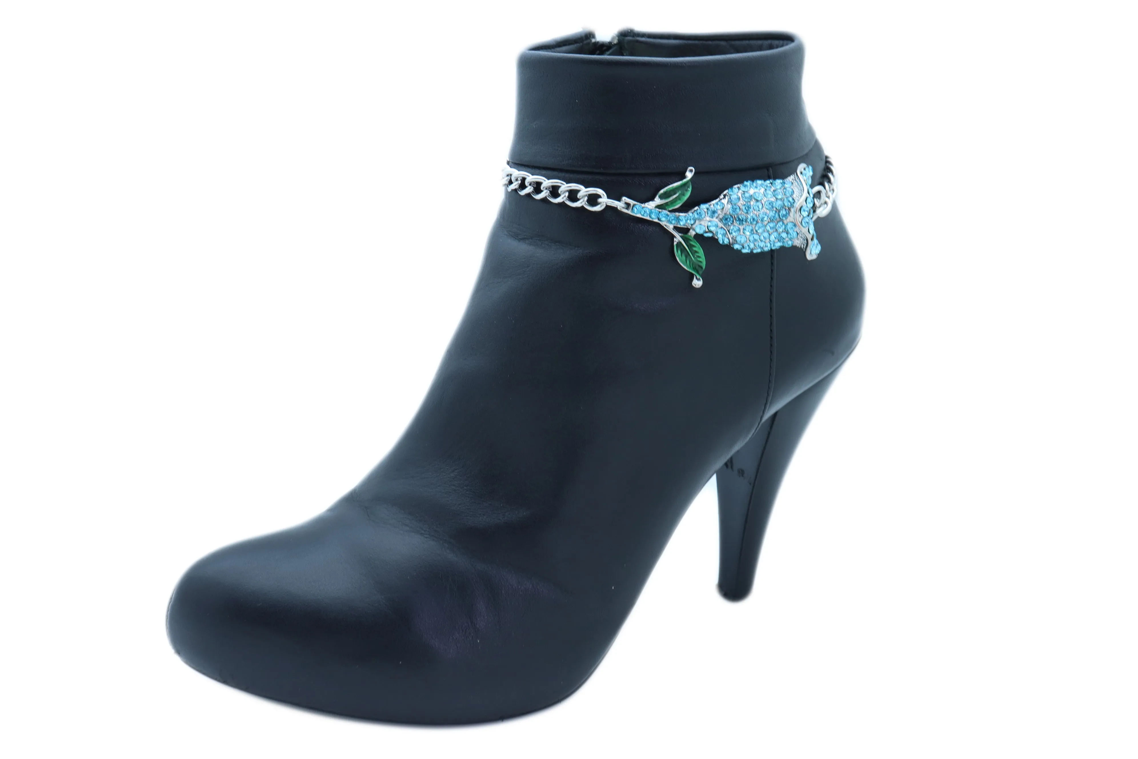 Blue Rhinestone Flower Silver Metal Boot Chain