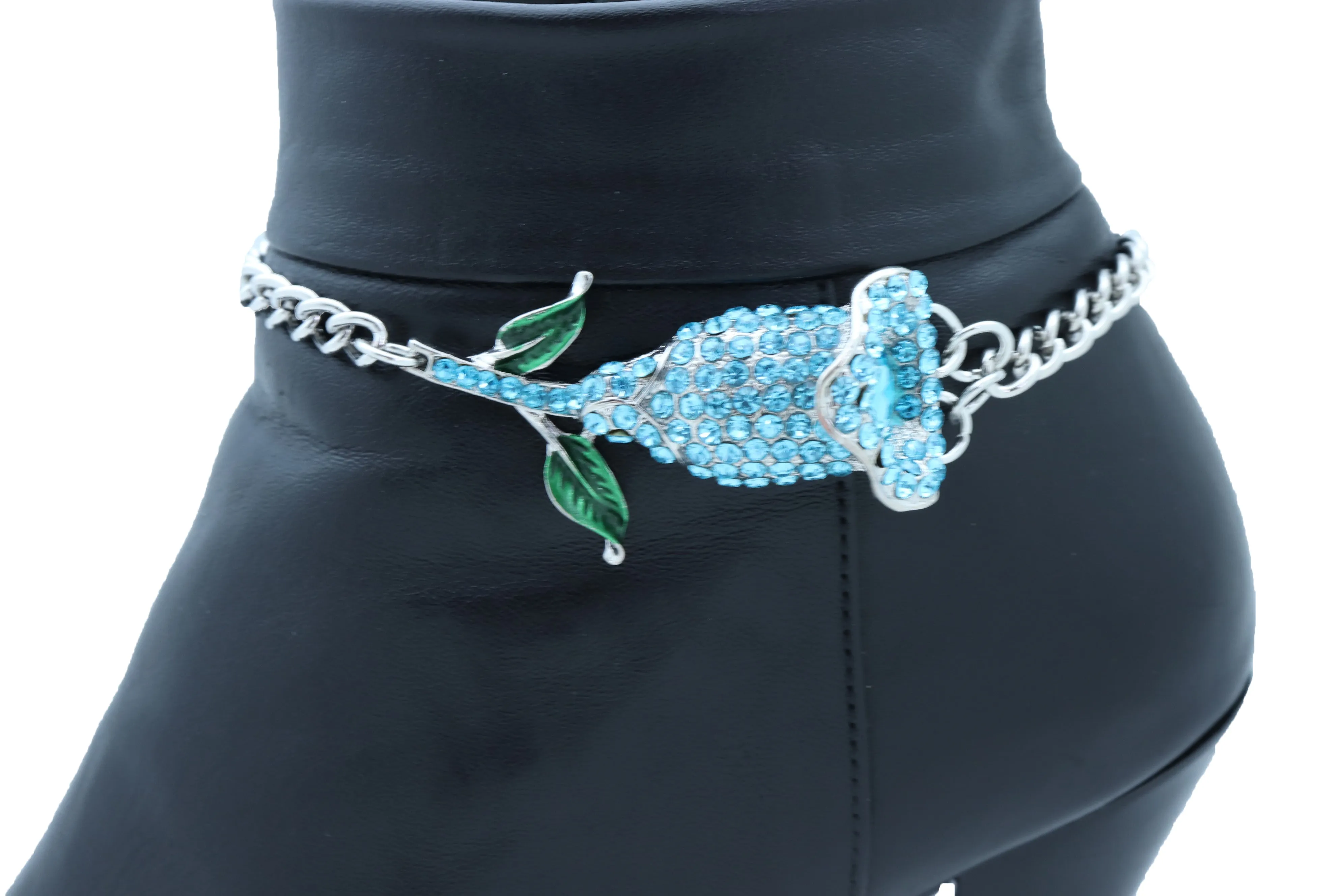 Blue Rhinestone Flower Silver Metal Boot Chain