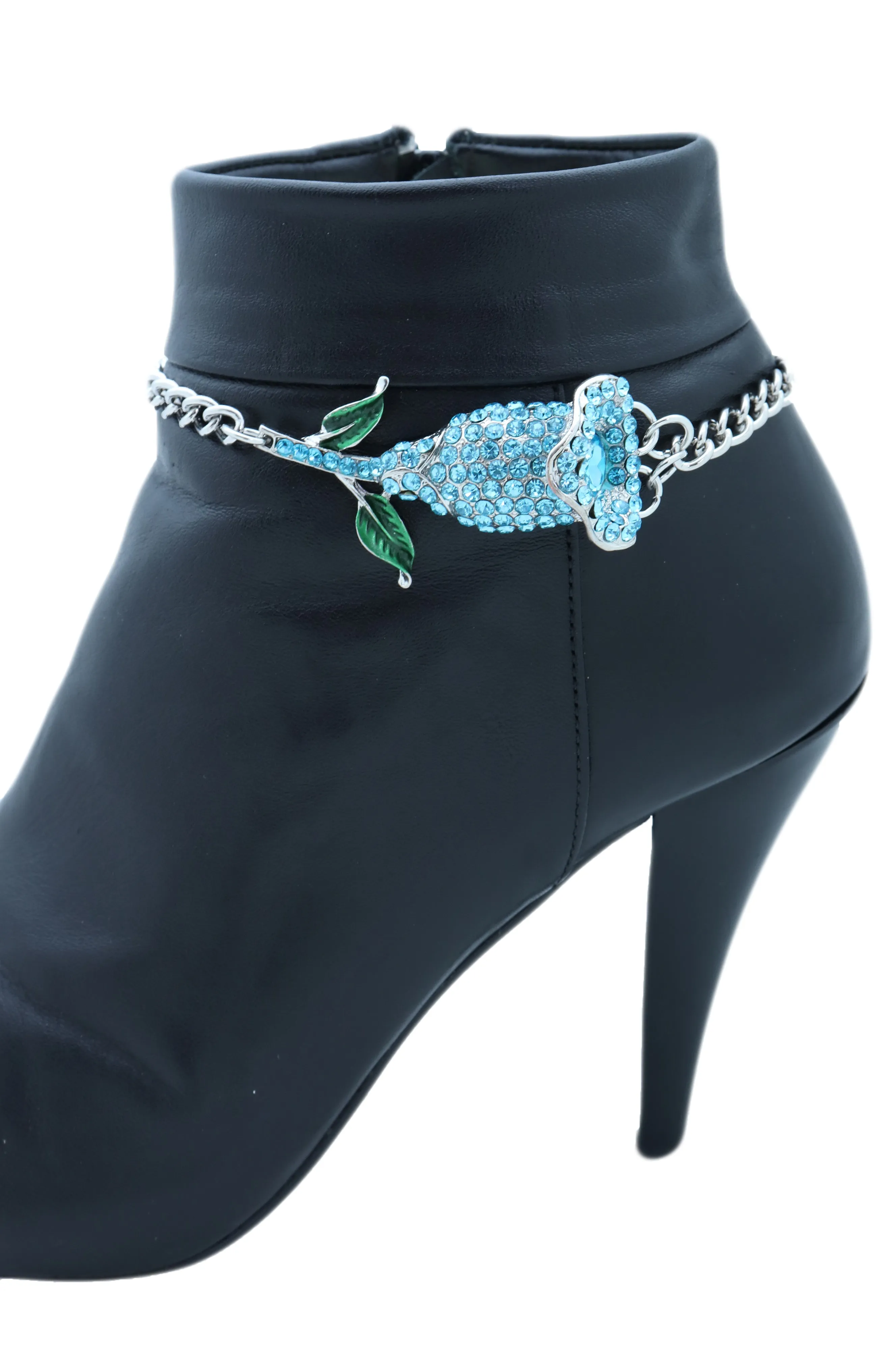 Blue Rhinestone Flower Silver Metal Boot Chain