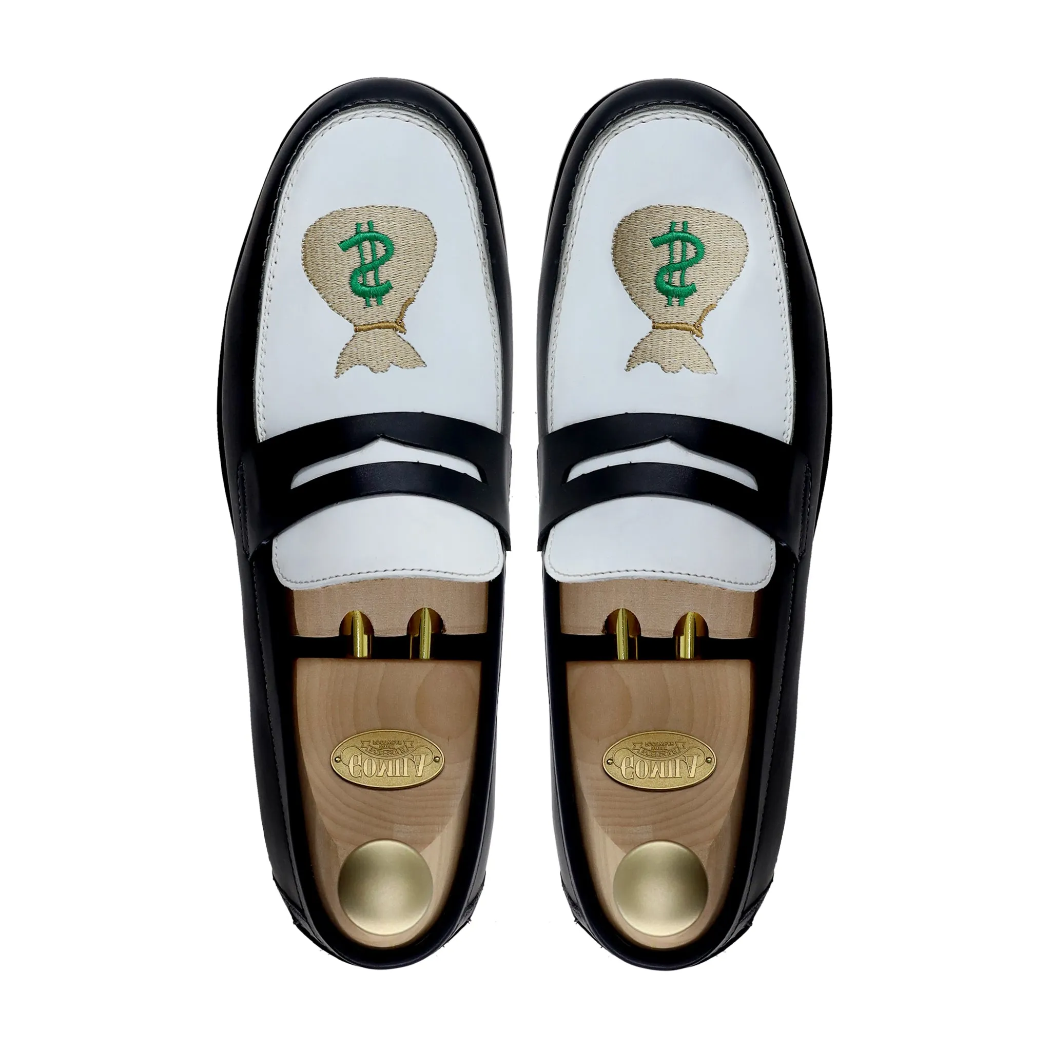 Boulia - Men's Black and White Calf Leather Loafer (Money Bag Embroidery)