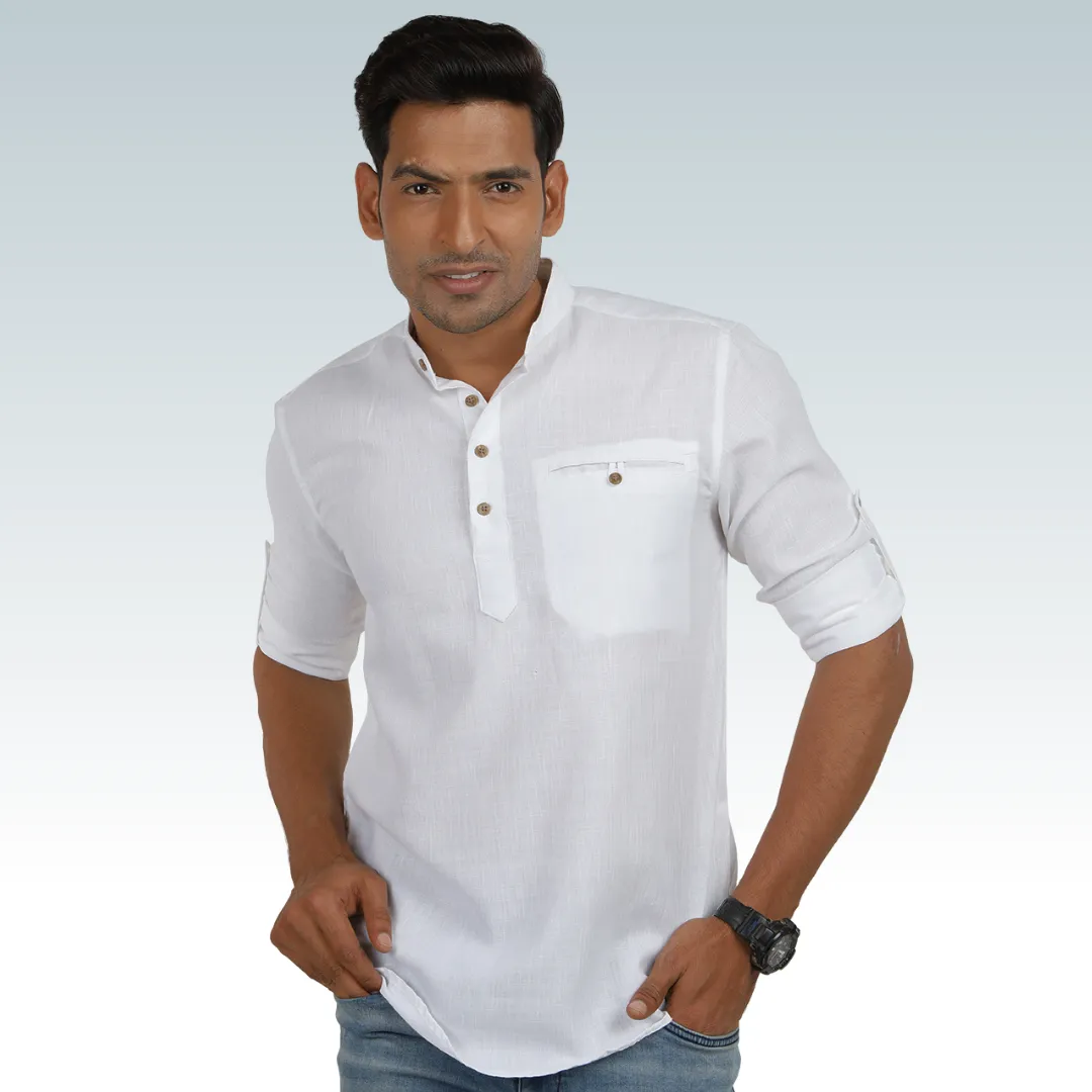 Frost White Linen Roll up Sleeve Short Kurta