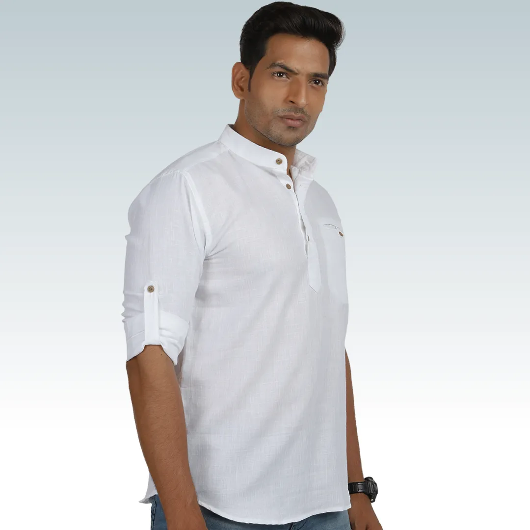 Frost White Linen Roll up Sleeve Short Kurta