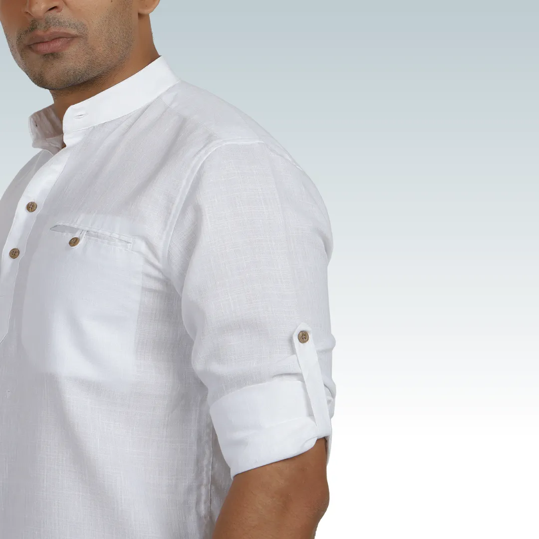 Frost White Linen Roll up Sleeve Short Kurta