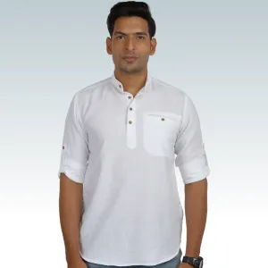 Frost White Linen Roll up Sleeve Short Kurta