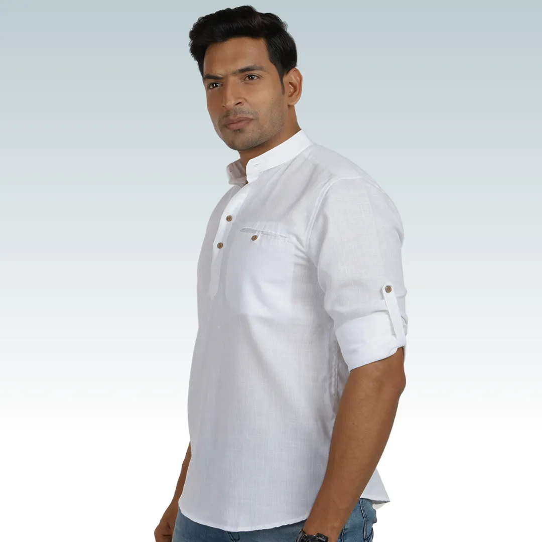 Frost White Linen Roll up Sleeve Short Kurta