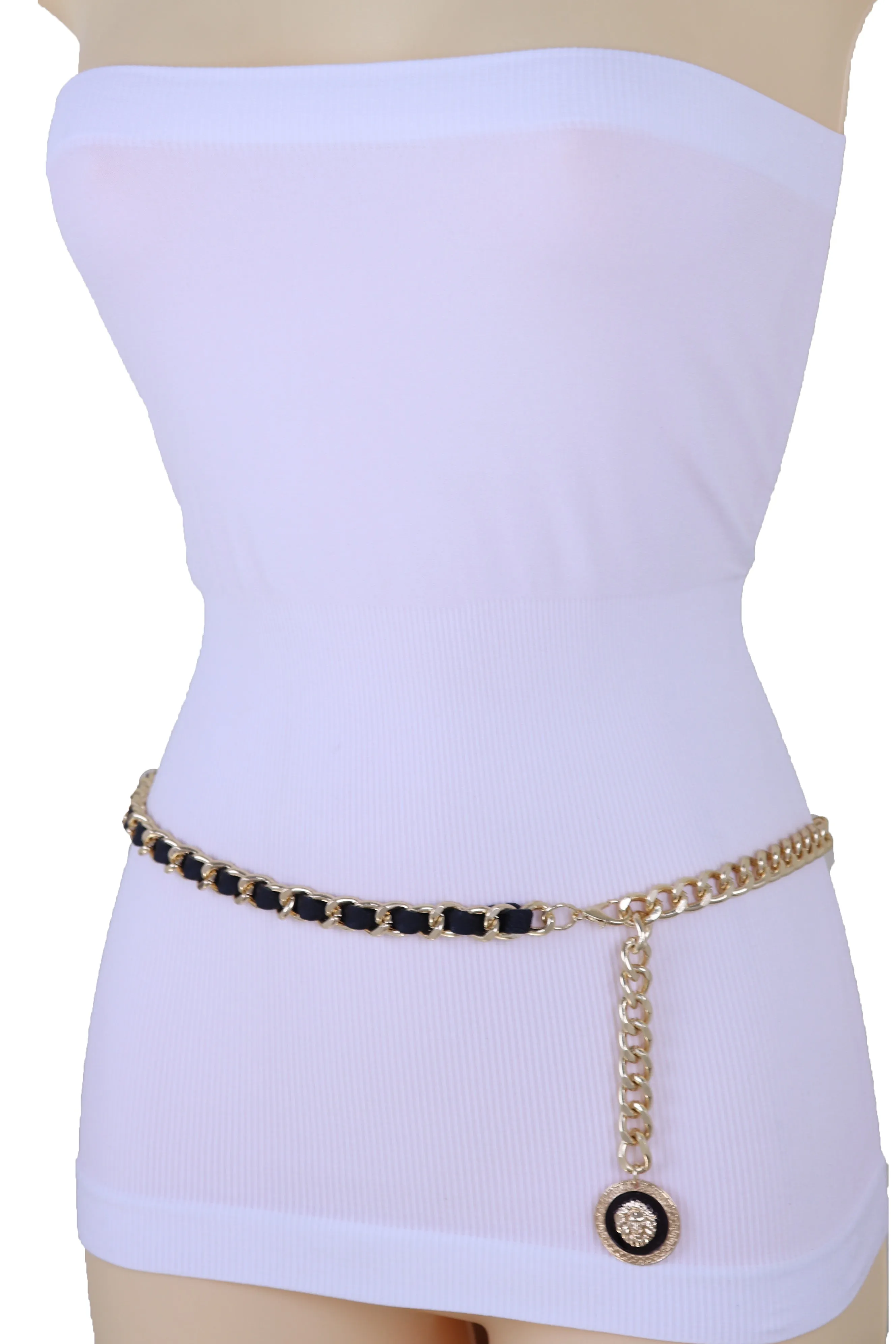 Gold Metal & Black Fabric Skinny Chain Belt with Lion Medallion Pendant End