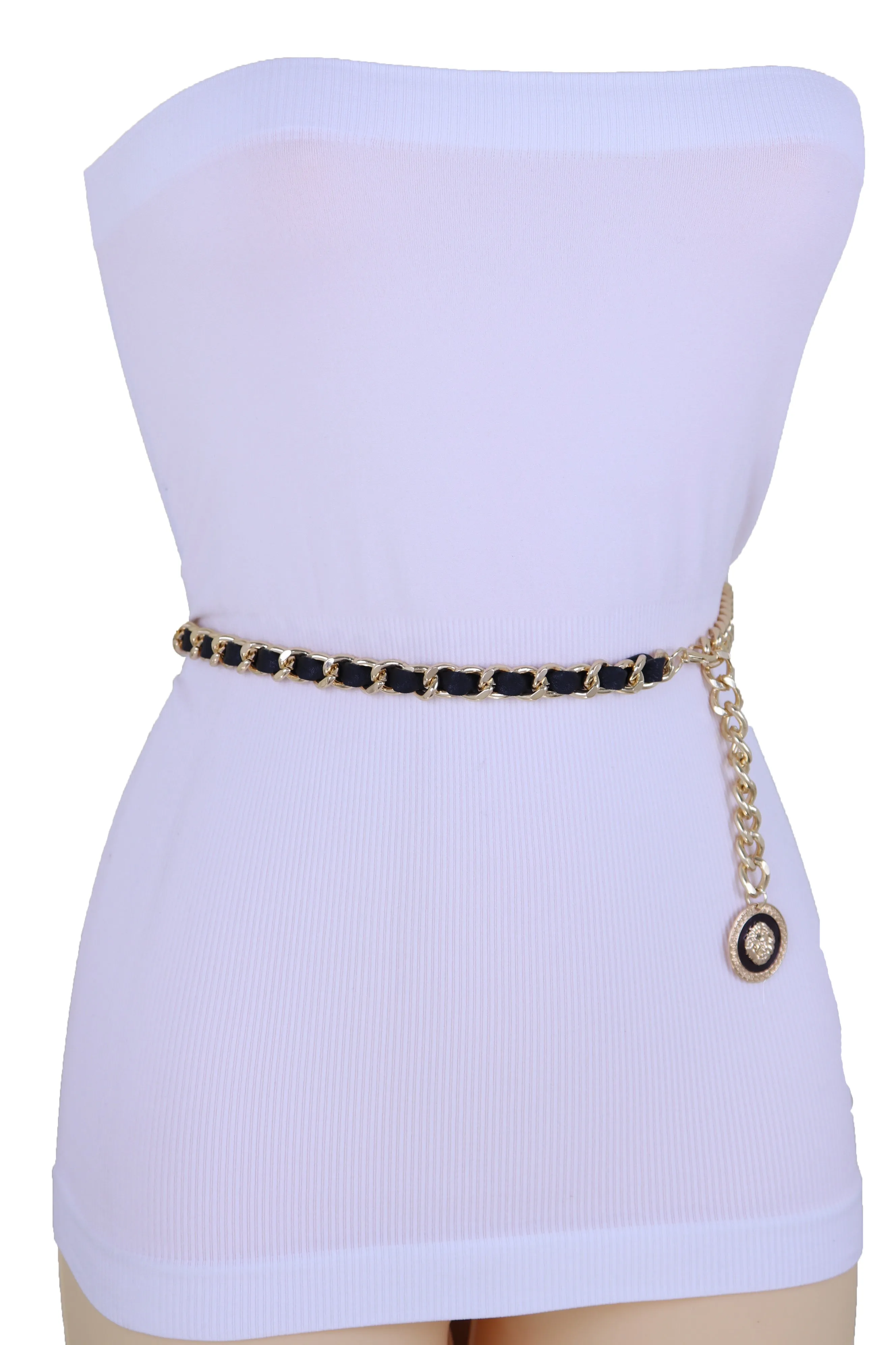 Gold Metal & Black Fabric Skinny Chain Belt with Lion Medallion Pendant End