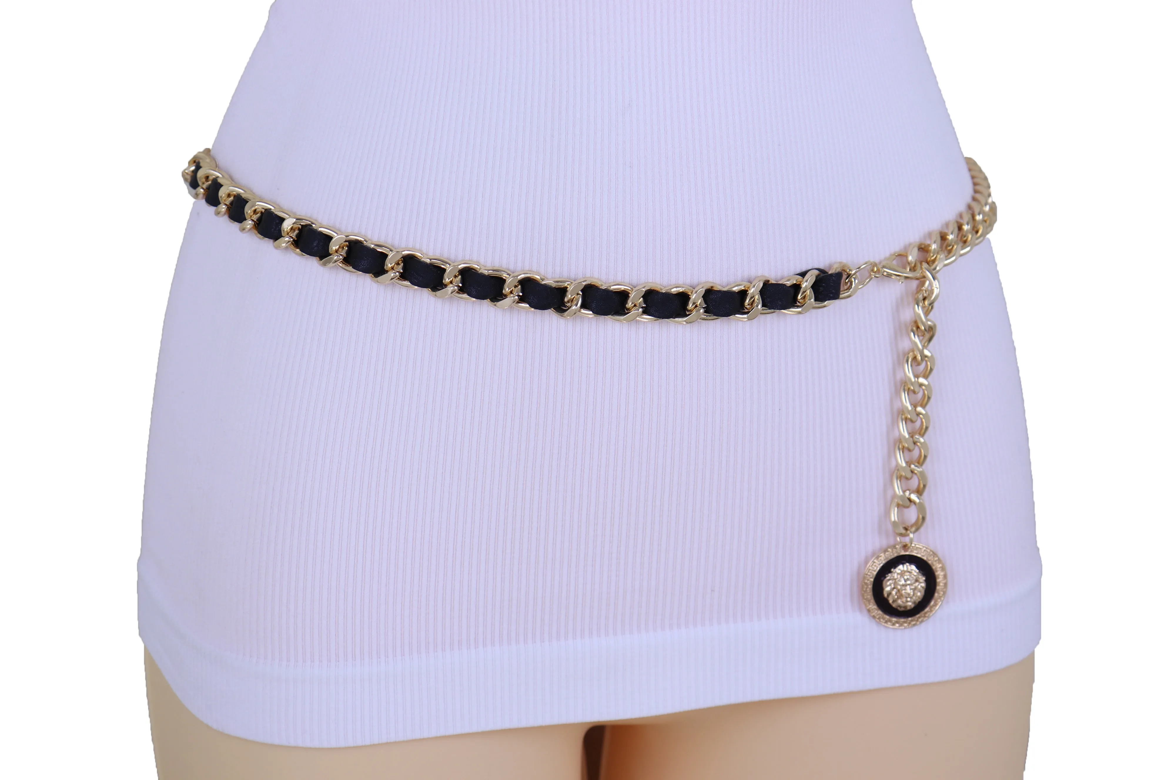 Gold Metal & Black Fabric Skinny Chain Belt with Lion Medallion Pendant End