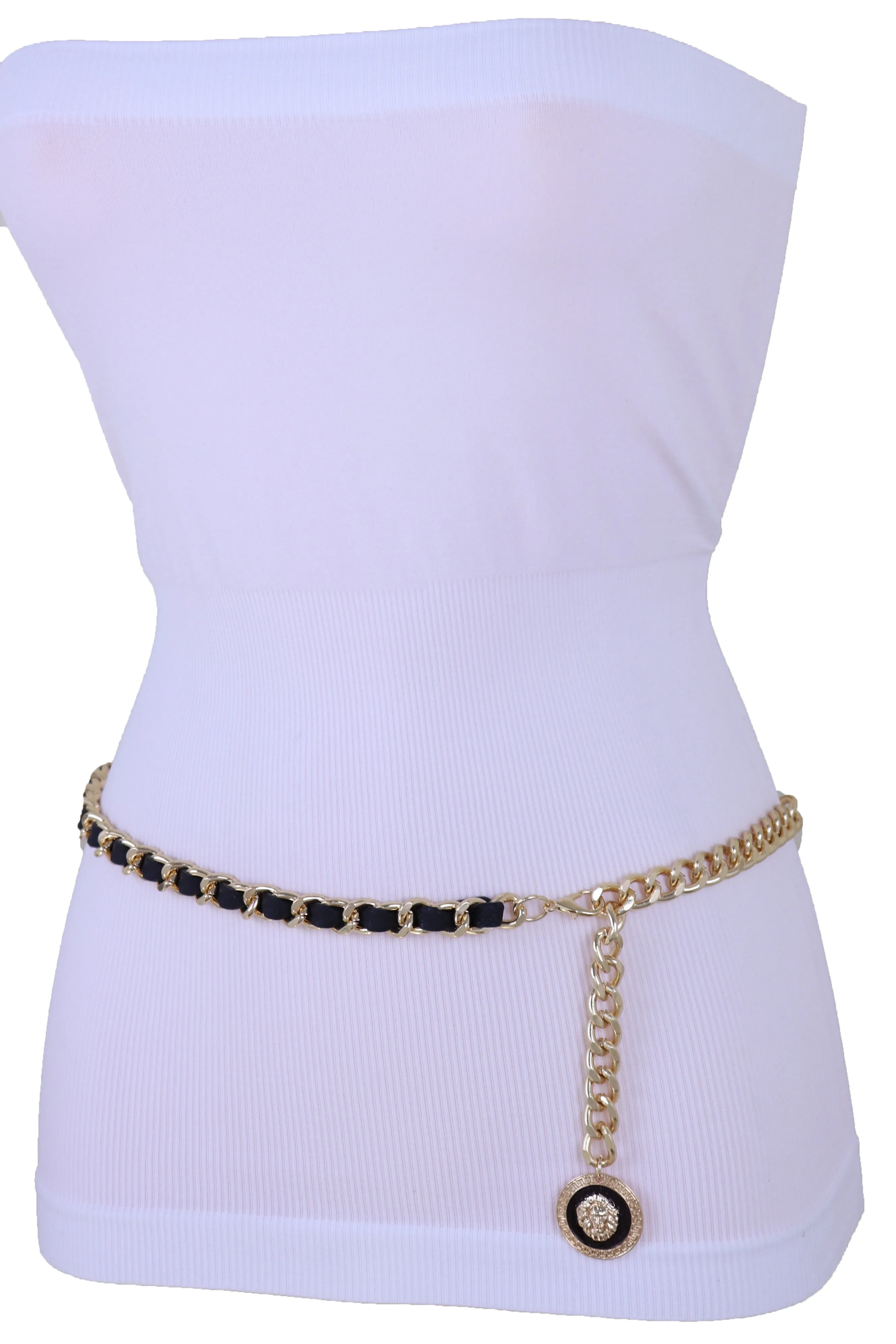 Gold Metal & Black Fabric Skinny Chain Belt with Lion Medallion Pendant End