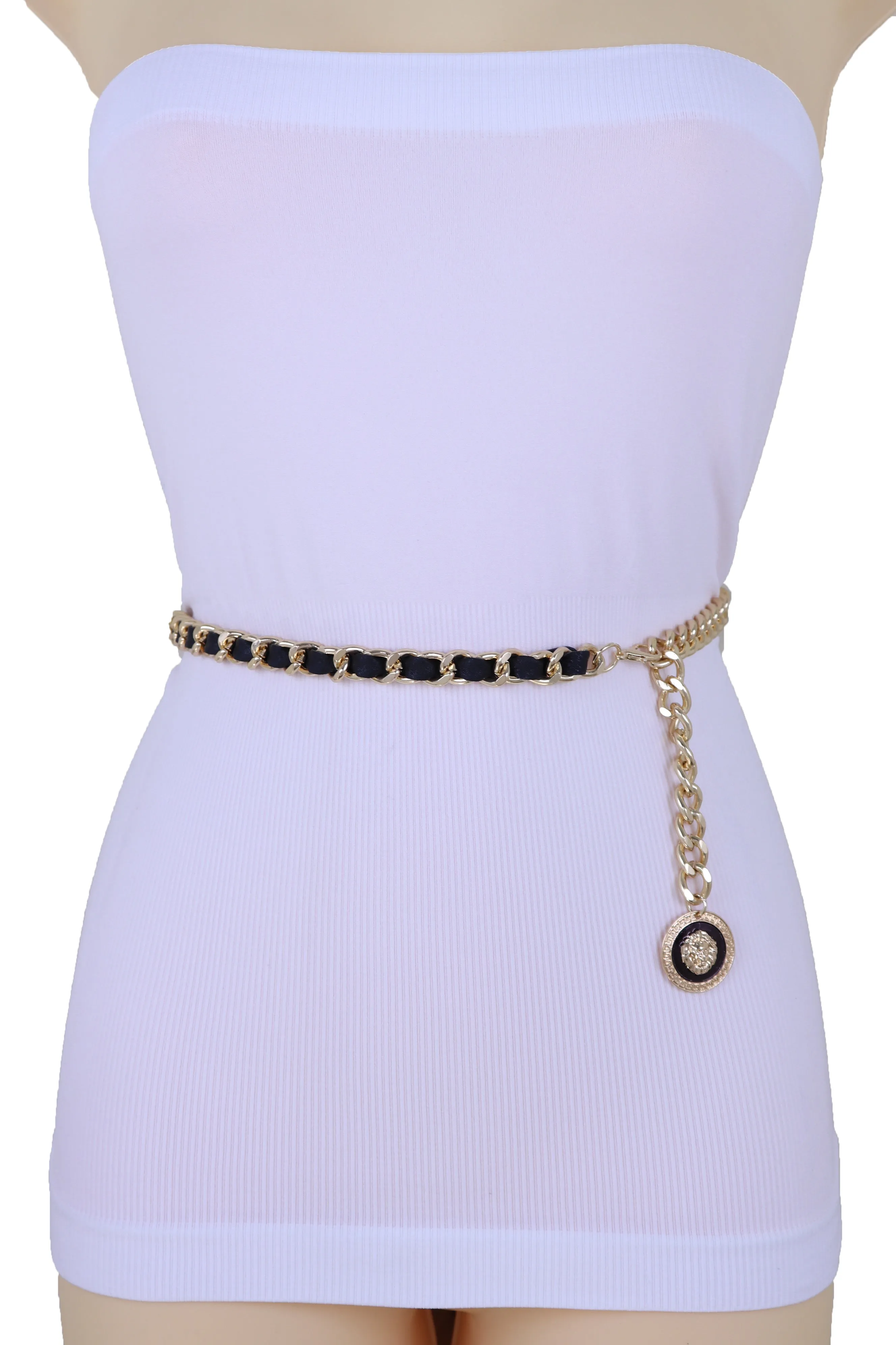 Gold Metal & Black Fabric Skinny Chain Belt with Lion Medallion Pendant End