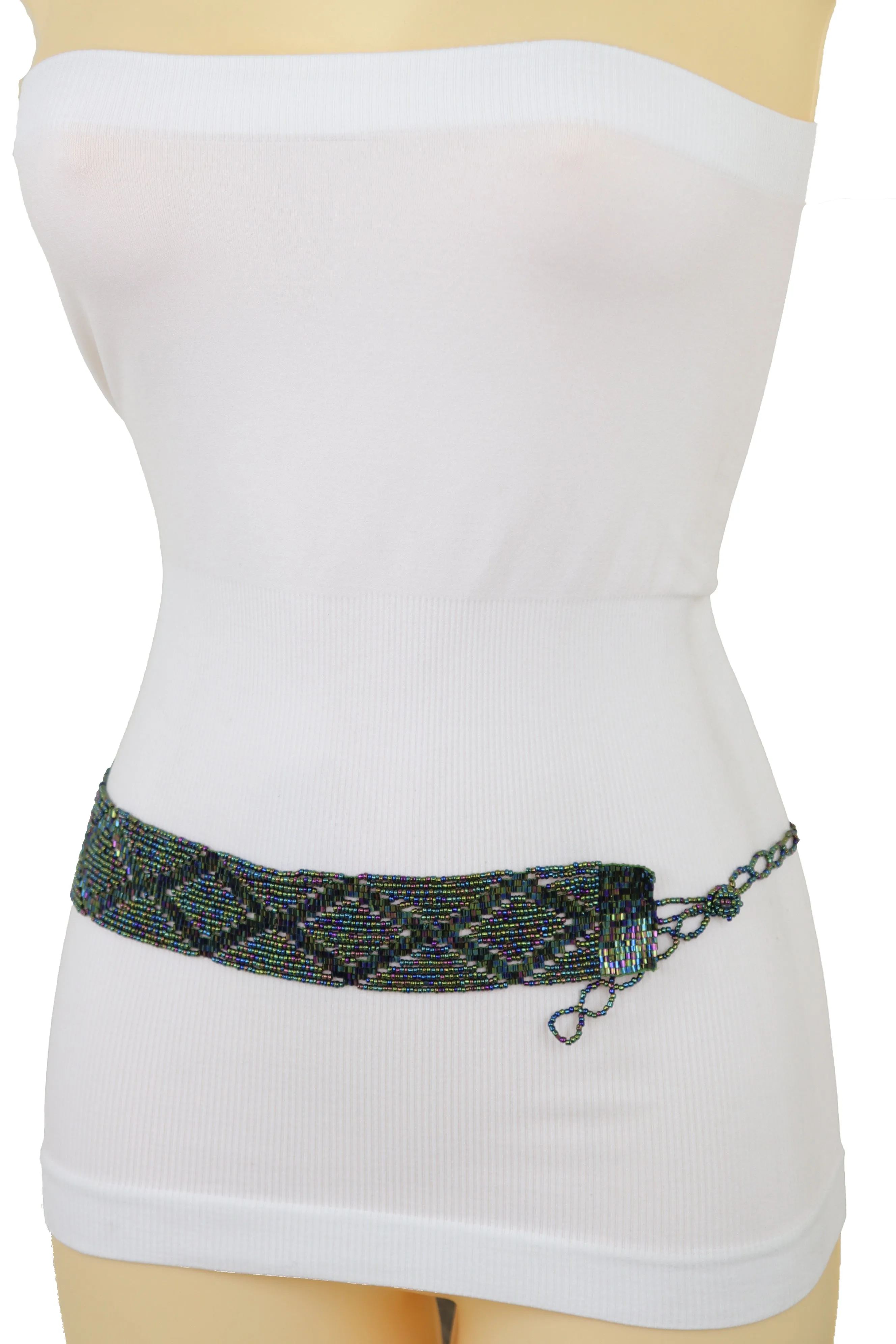 Green Color Beads Waistband Trendy Tie Fashion Belt Hip Waist Fit Size S M