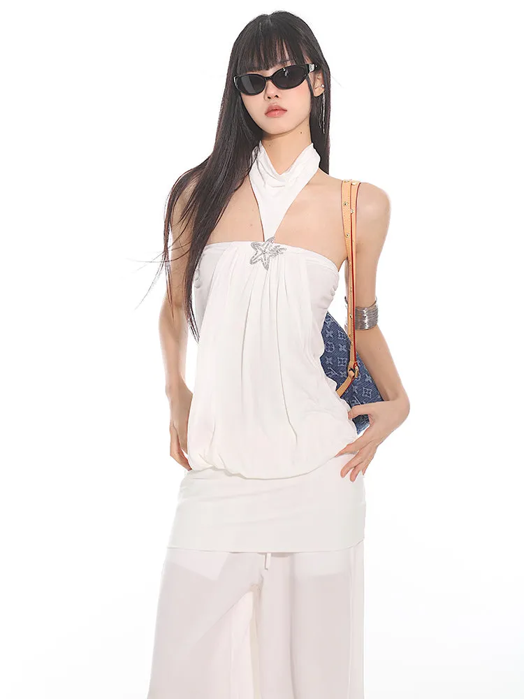 Halter Neck Draped Blouse with Pendant Detail