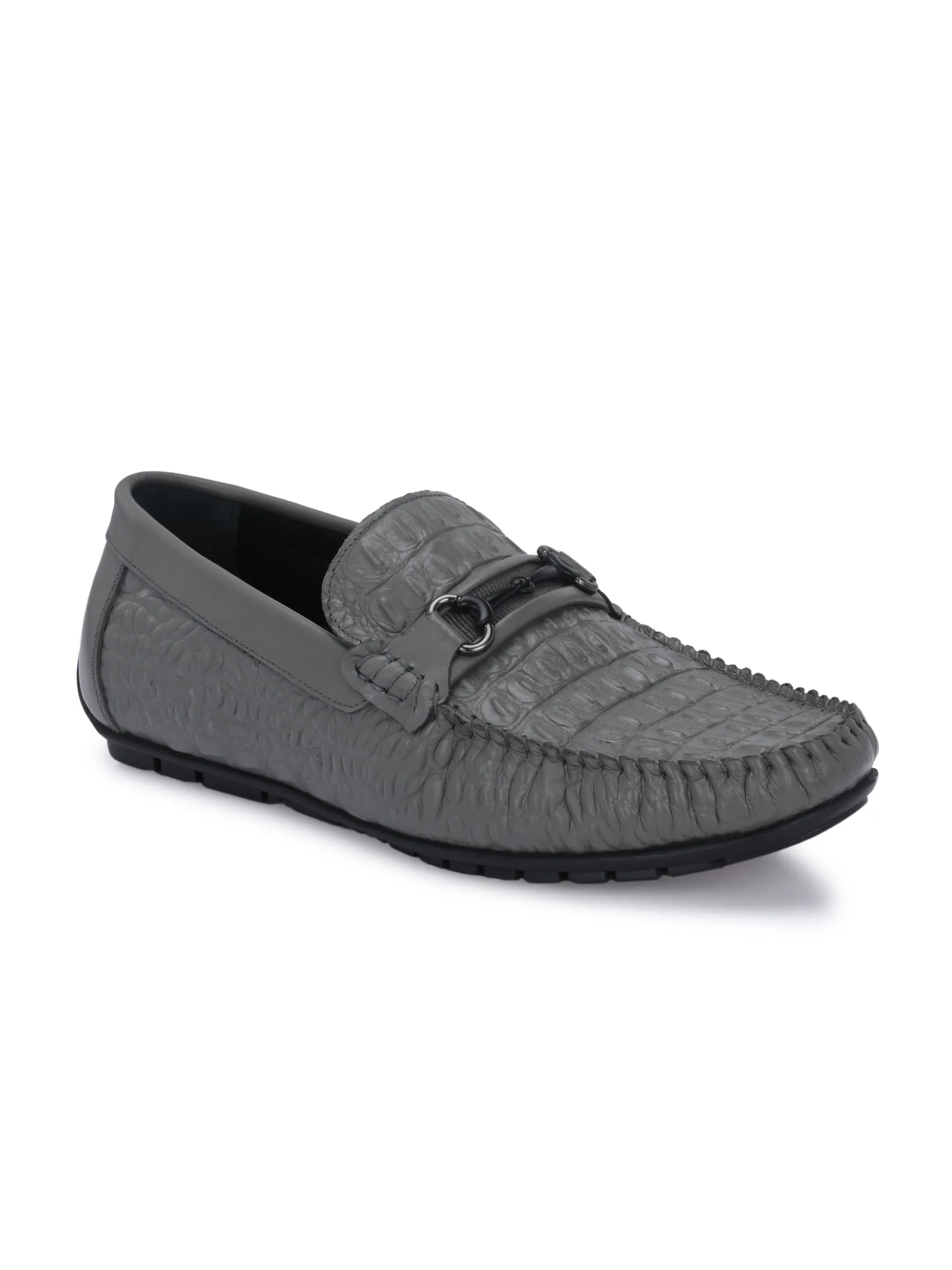 Hitz Men's Grey Leather Casual Slip on Loafers