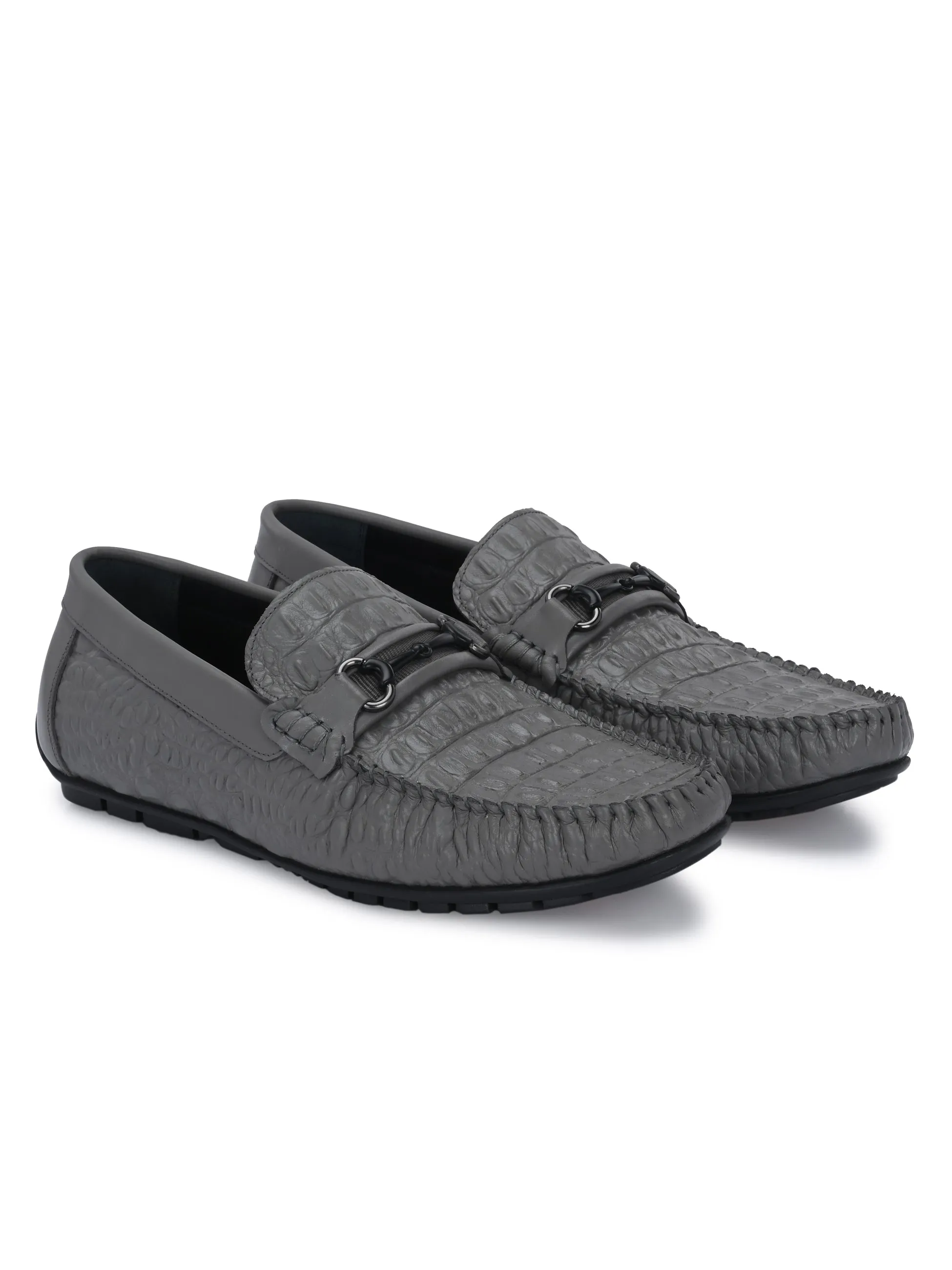 Hitz Men's Grey Leather Casual Slip on Loafers