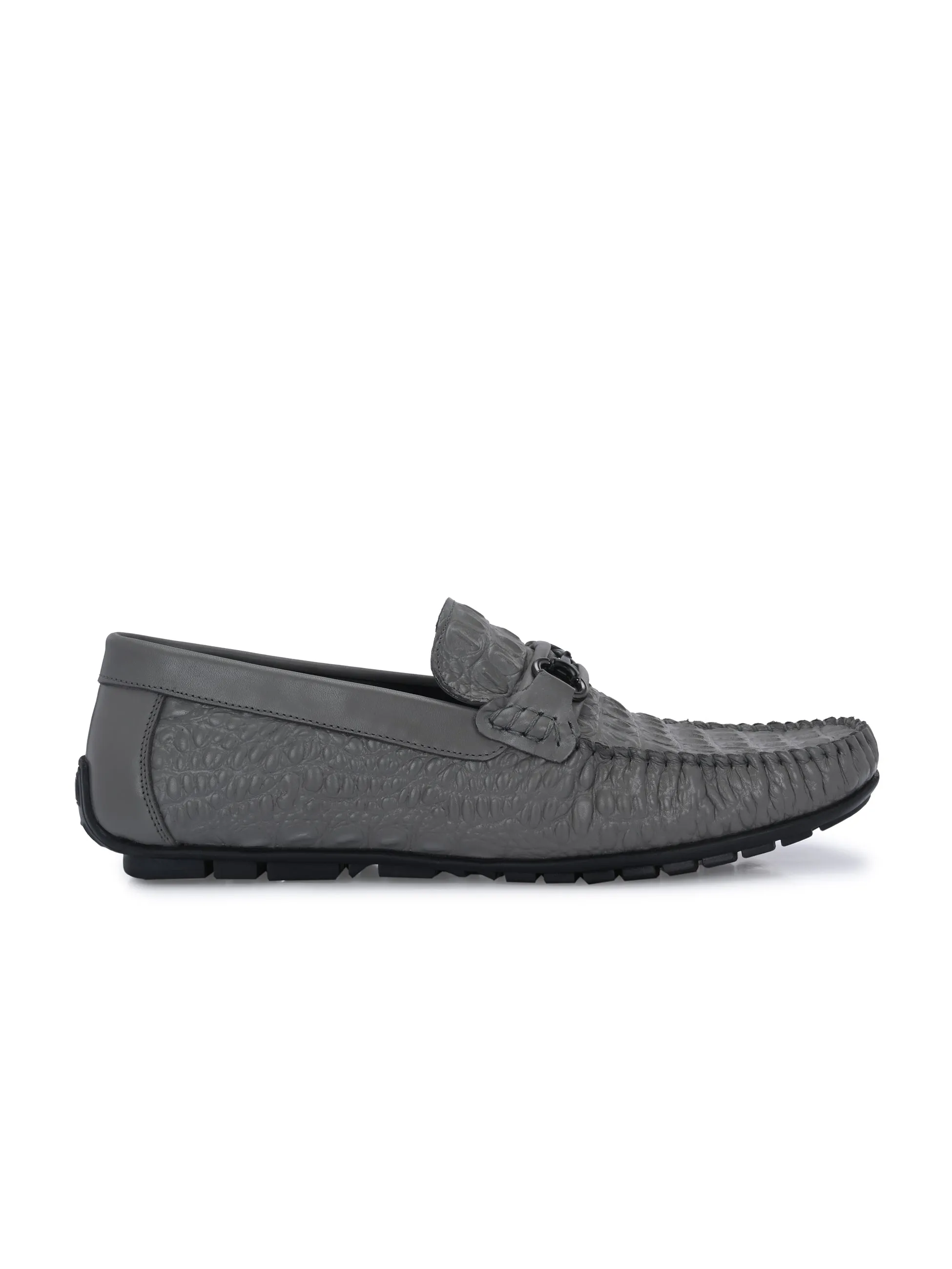 Hitz Men's Grey Leather Casual Slip on Loafers