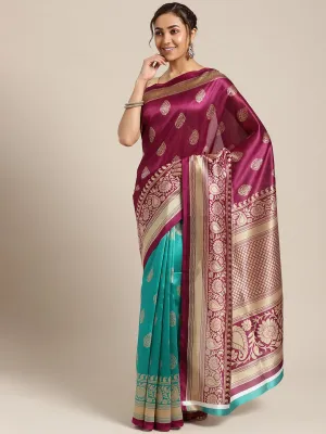 Ishin Burgundy & Green Half & Half Printed Mysore Silk Saree