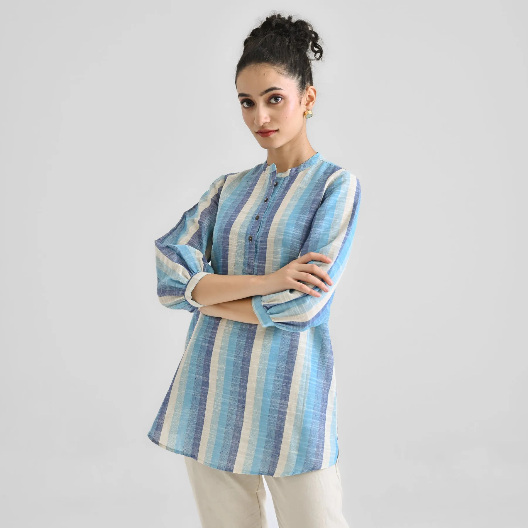 Sky Blue Multicolour Woven Cotton Tunic with Puff Sleeve