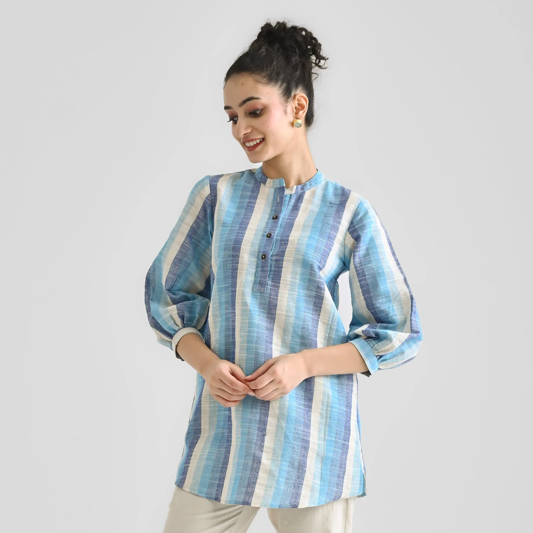 Sky Blue Multicolour Woven Cotton Tunic with Puff Sleeve