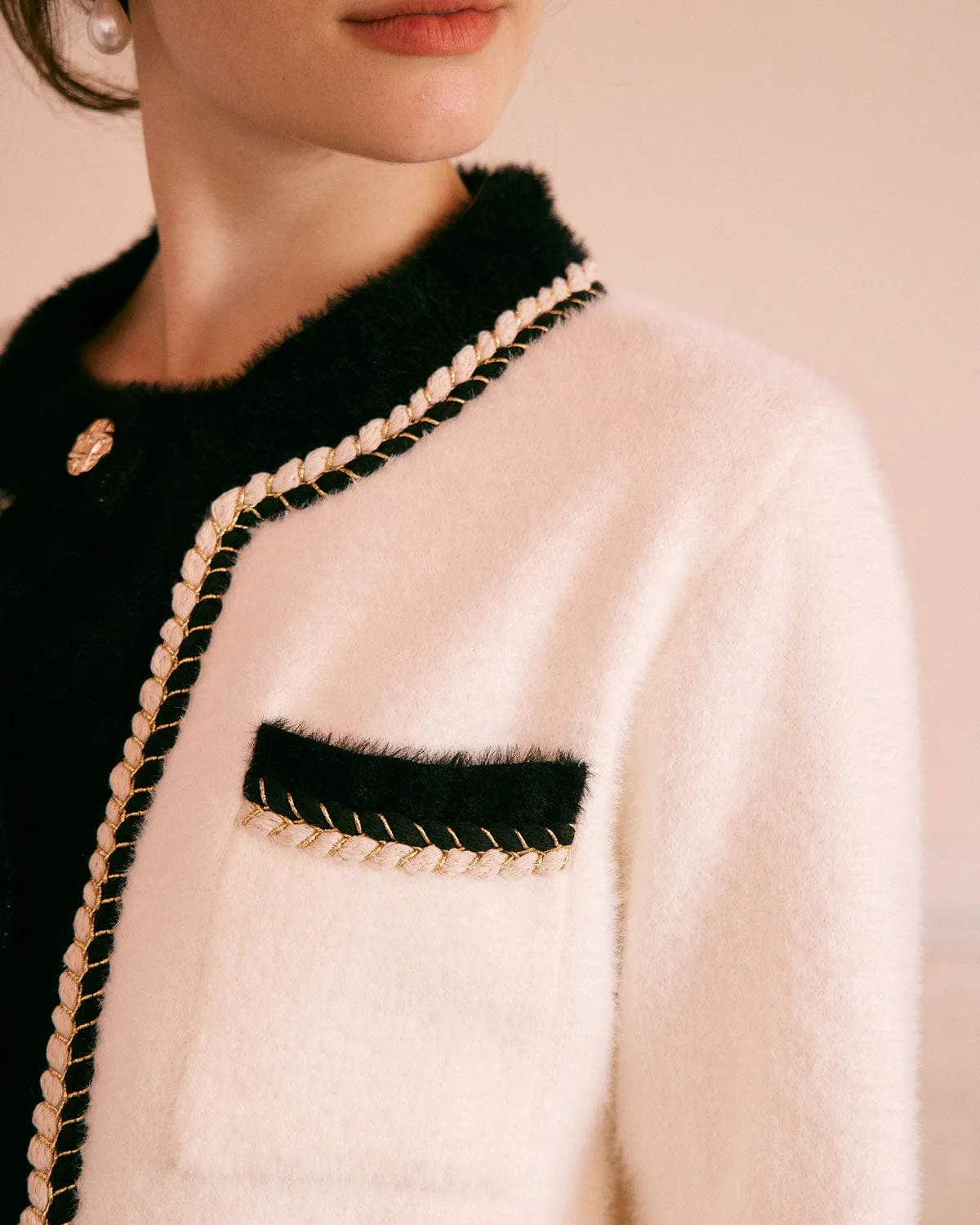 The Beige Round Neck Colorblock Cardigan